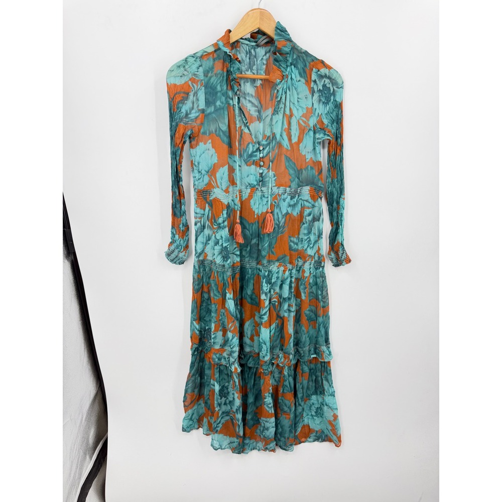 Anthropologie Marais Floral Tiered Midi Dress XS Teal Orange Sheer Boho Ruffle